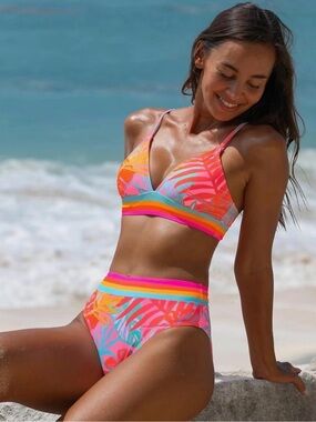 Neon Tropical High-Waist Bikini - Pink Multi